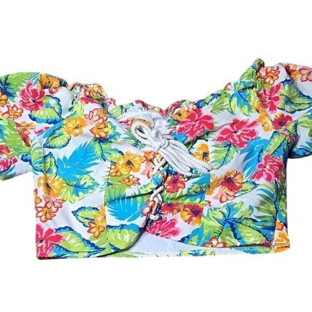 Miss Lili Puff Sleeve Tie Front Crop Top, Floral Tropical Vacation, Medium